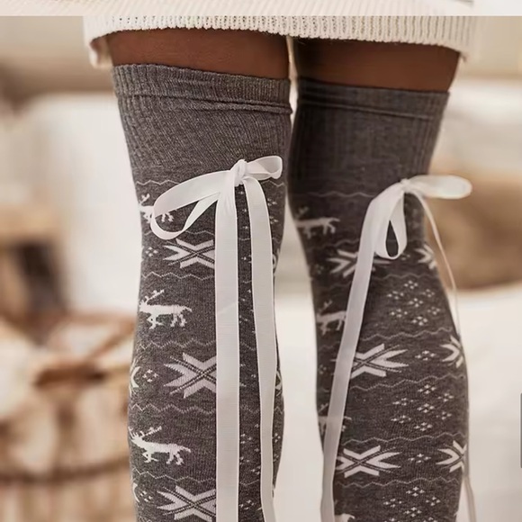 Christmas Knit Stockings With Snowflake Print (Long , High Socks with Satin Bow) - Picture 2 of 4